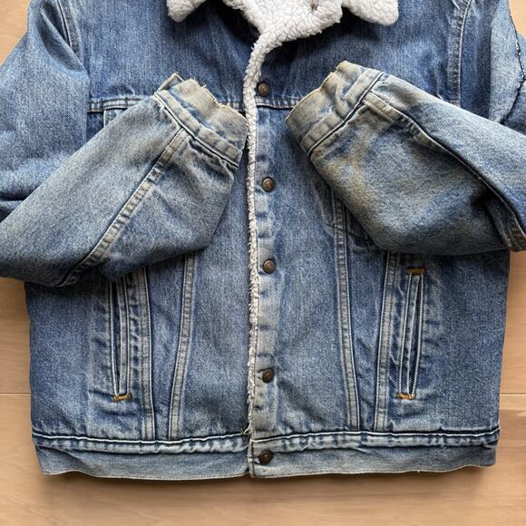 Vintage Levis Sherpa Trucker Jacket 44 Blue 80s Heavy Denim Outerwear USA - Picture 5 of 12